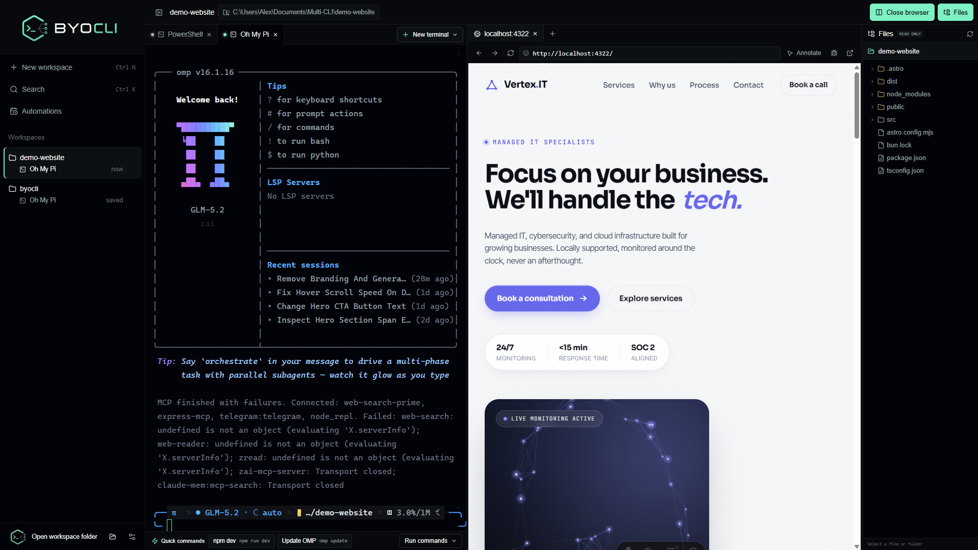 BYOCLI workspace showing sidebar, terminal, browser split, and file tree